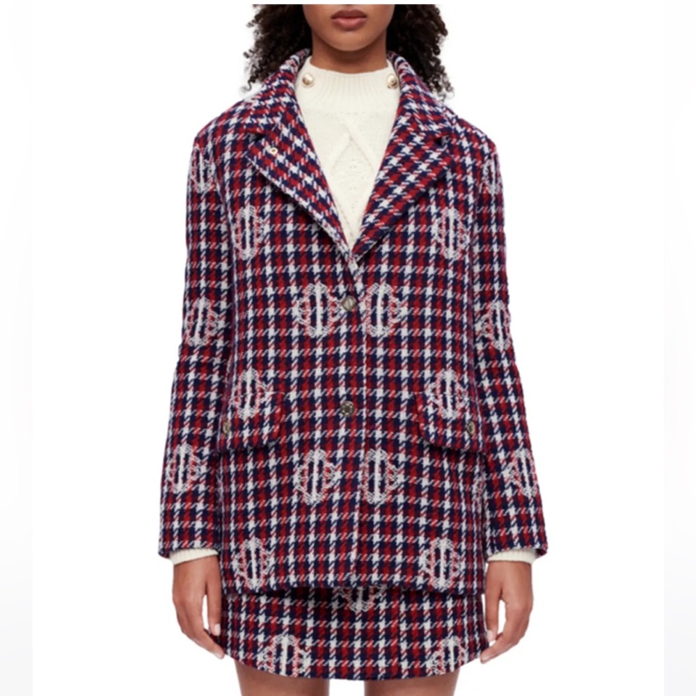 NWT Maje Vargelo Houndstooth Blazer—1 Missing inner top snap (comes with extra) - Picture 2 of 7